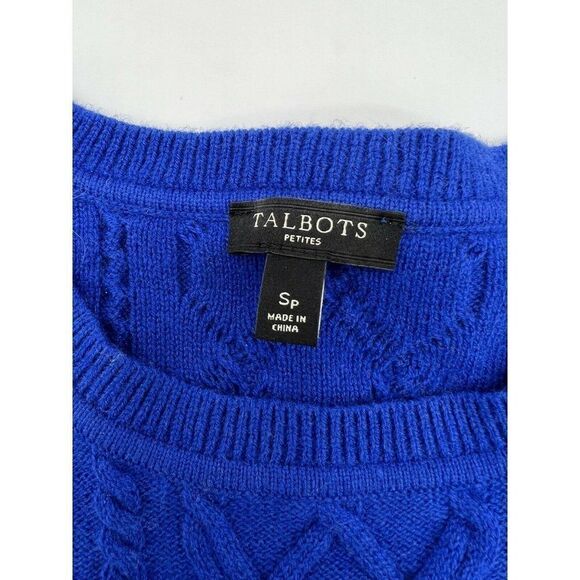 Talbots Petite Small Sweater Lambswool/Nylon Shoulder Button Blue Cable Knit - Picture 2 of 5